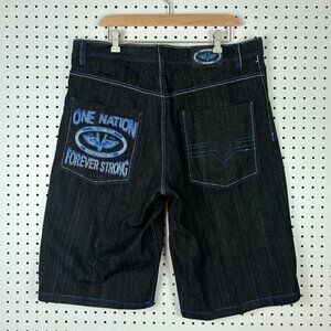 Evolution In Design‎ Baggy Jean Shorts Size 38 Black Denim Gothic Blue Stitched